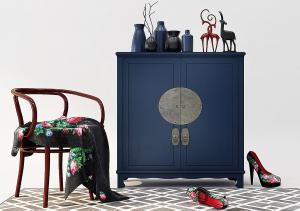 中式蓝色玄关柜、圈椅和摆件组合3d模型 中式蓝色玄关柜、圈椅和摆件组合