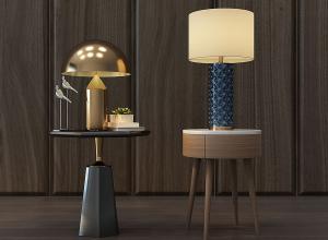 新中式金属蘑菇、蓝色花纹玻璃灯柱台灯边几组合