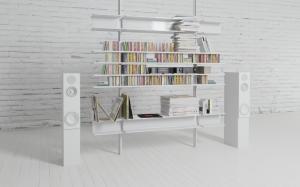 白色电视背景墙收纳架、音响