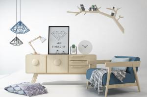 北欧浅实木纽扣把手电视柜、休闲椅组合