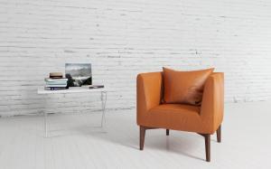 棕黄色真皮单人沙发、靠垫