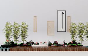 中式景观假山水池竹子