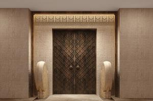 中式铜制菱形花纹入户门、石鼓