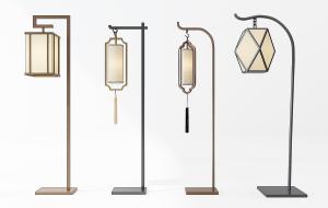 中式金属支架垂吊方形、圆柱形灯罩落地灯