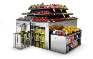 超市水果、食品、蔬菜和秤货架