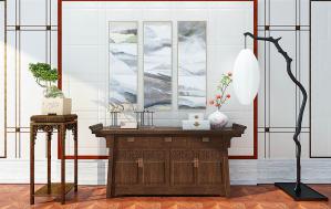 中式雕花玄关柜、实木花架和落地灯3d模型 中式雕花玄关柜、实木花架和落地灯