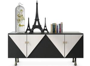 现代三角几何图形装饰黑白电视柜、铁塔和摆件组合3d模型 现代三角几何图形装饰黑白电视柜、铁塔和摆件组合