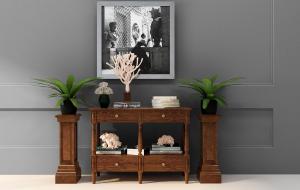 美式实木玄关柜、花架绿植和摆件组合3d模型 美式实木玄关柜、花架绿植和摆件组合