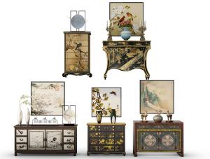 中式彩绘国画装饰玄关柜、装饰柜和摆件组合3d模型 中式彩绘国画装饰玄关柜、装饰柜和摆件组合