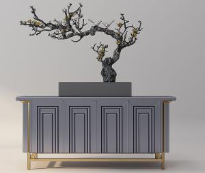新中式灰蓝色玄关柜、梅花盆景组合3d模型 新中式灰蓝色玄关柜、梅花盆景组合