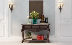 美式实木雕花带抽屉玄关柜、摆件组合3d模型 美式实木雕花带抽屉玄关柜、摆件组合