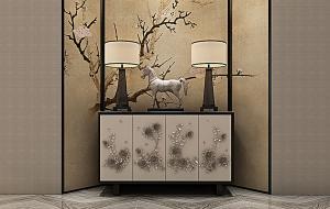 新中式弧形金色玄关柜、摆件组合3d模型 新中式弧形金色玄关柜、摆件组合