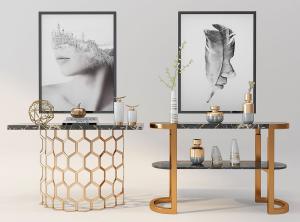 简欧金属蜂窝支架大理石端景台、装饰画组合3d模型 简欧金属蜂窝支架大理石端景台、装饰画组合