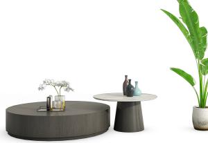 新中式灰色实木圆形茶几、边几和绿植组合3d模型 新中式灰色实木圆形茶几、边几和绿植组合