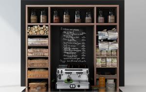 咖啡馆实木货架、咖啡豆收纳罐、咖啡机组合