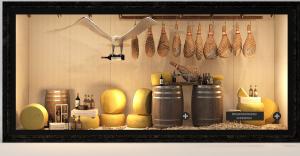 超市百货食物火腿、啤酒和奶酪橱窗