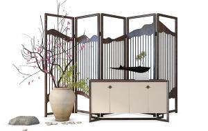 新中式玄关柜、屏风和陶罐干枝组合3d模型 新中式玄关柜、屏风和陶罐干枝组合