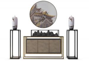 新中式金属支撑悬空玄关柜、花架和山脉摆件3d模型 新中式金属支撑悬空玄关柜、花架和山脉摆件