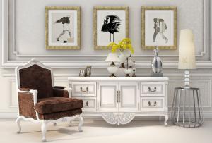 欧式白色带金色拉手的玄关柜、休闲椅组合3d模型 欧式白色带金色拉手的玄关柜、休闲椅组合