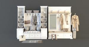 简欧白色带卡座的玄关柜、鞋柜和雨伞组合