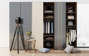 现代嵌入式衣柜、收纳柜和落地灯组合