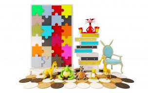 现代儿童多彩拼图柜门衣柜、斗柜和玩具组合