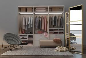 现代更衣室衣柜、休闲凳和镜子组合