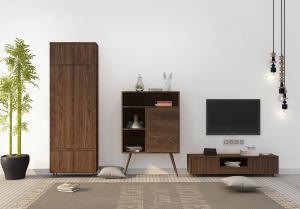 新中式实木纹理衣柜、高腿装饰柜和电视柜组合