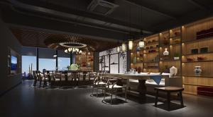 栅格木局部吊顶的新中式酒店包厢包间