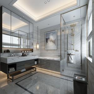 装饰有吊顶、功能齐全的新中式卫浴间