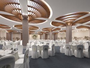 把柱子装饰成大树造型吊顶的新中式酒店宴会厅