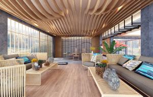 波浪实木栅格装饰顶部的乡村民俗民宿客房客厅