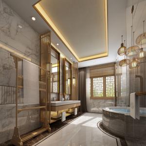 中式酒店客房带圆形浴缸的卫生间