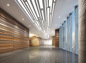 顶部超长灯带的大型商场过道走廊