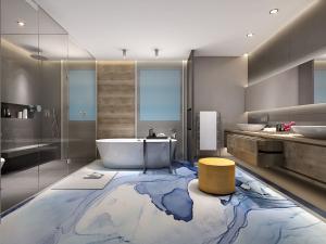 新中式带有浴缸、双盆洗手台的卫生间