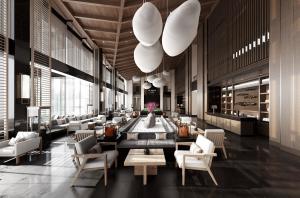 顶部木架结构的新中式售楼处大厅