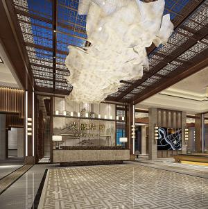 顶部装饰中式元素实木隔断的售楼处