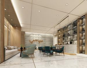 以储物架为背景的新中式售楼处接待处