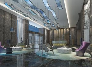 蓝调、动感设计的售楼处大厅