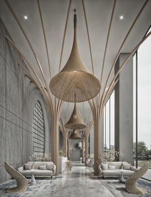 以木条为主要装饰的售楼处大厅