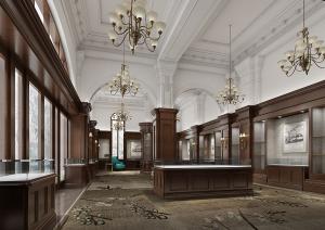 带有拱形门、实木护墙板的美式售楼处