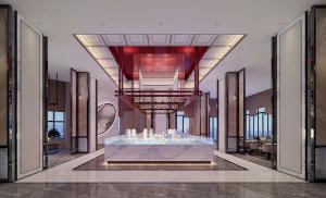 中国红的顶部装饰售楼处大厅