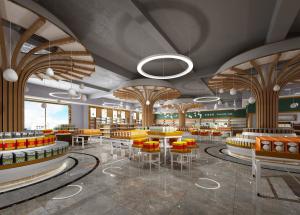 用实木大树造型装饰柱子的工业风商场