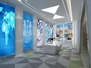 以灰色蓝色为主调的多媒体展厅