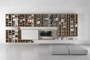 清新实木墙面收纳书架、书籍