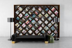 实木菱形排列的新中式书架、书籍