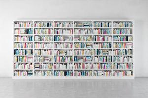 白色超宽开放式现代书架、书籍