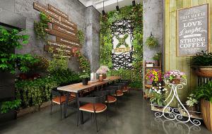墙面装饰鲜花植物墙的工业风咖啡店