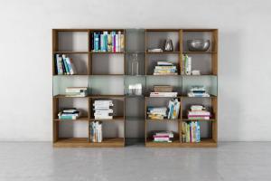 简约的实木和玻璃拼接书架