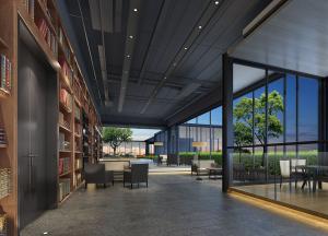 黑色金属框架的玻璃墙工业风书店